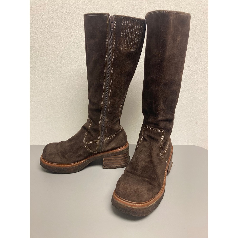 Vintage 2001 Frye Rebel Zip Platform Y2K Womens Dark Brown Suede Tall Boots 7M - Picture 2 of 16